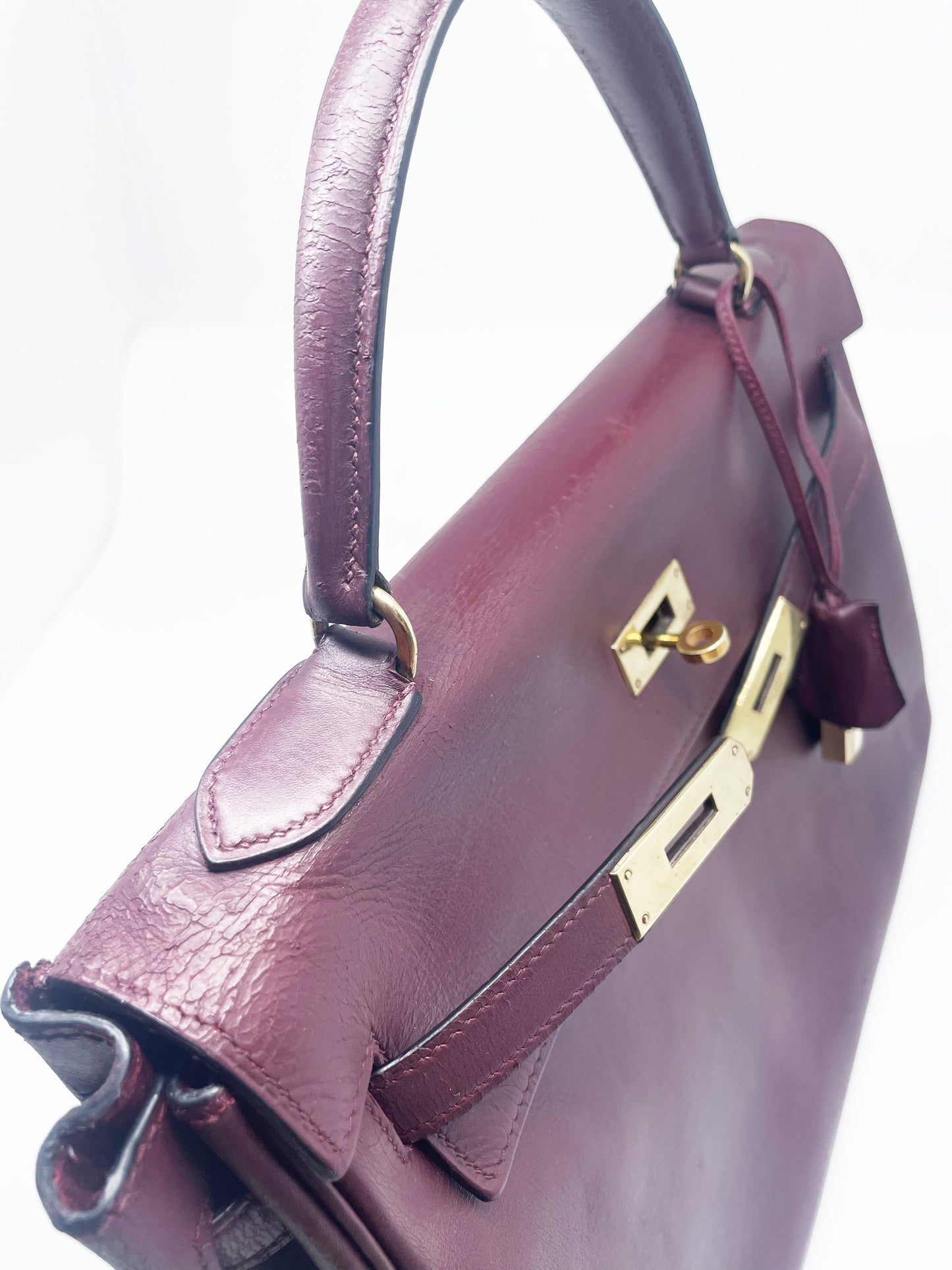 Sac Hermès Kelly retourné en cuir de box 32 cm Bordeaux - Soline