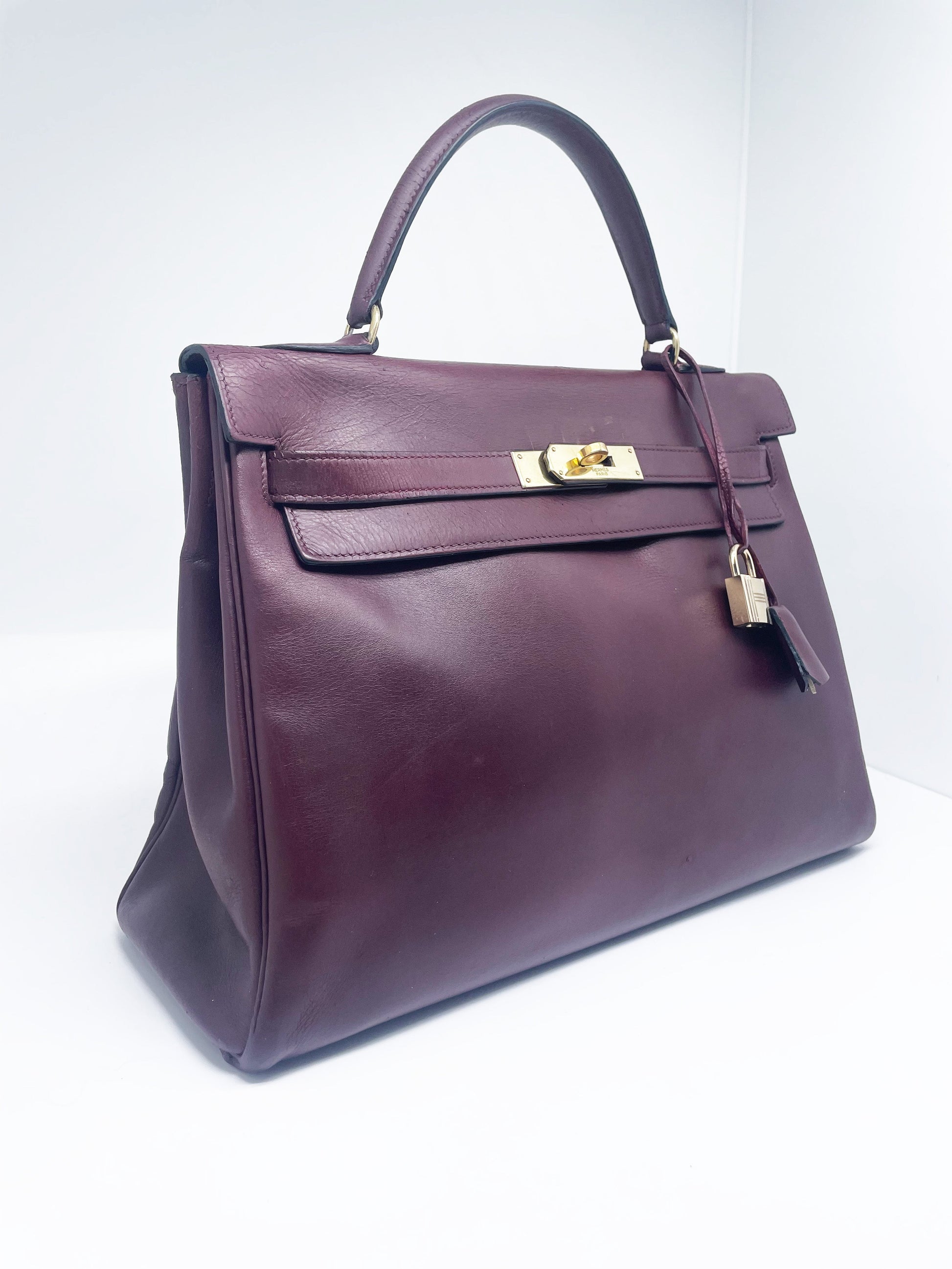 Sac Hermès Kelly retourné en cuir de box 32 cm Bordeaux - Soline
