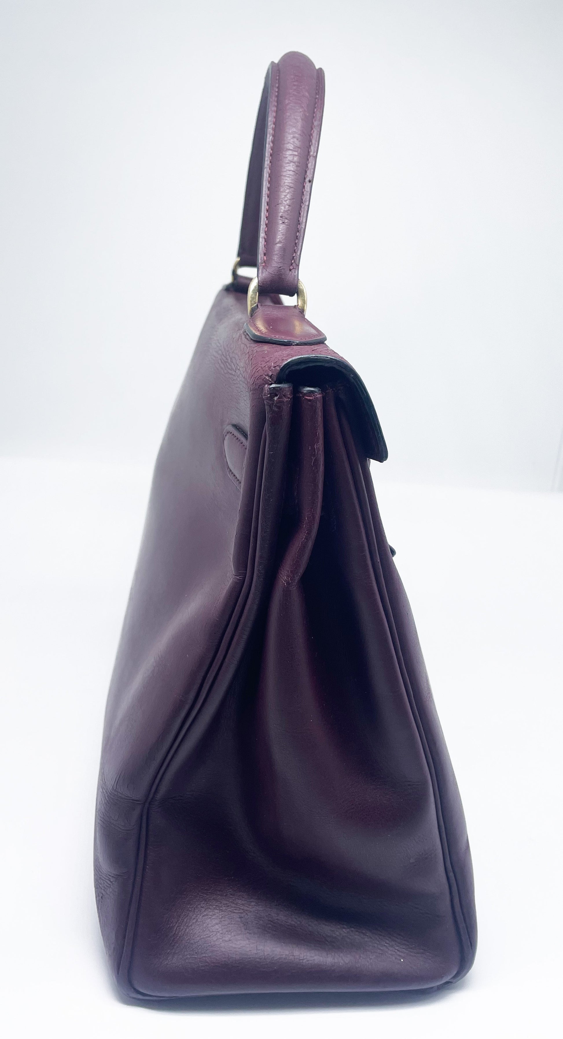 Sac Hermès Kelly retourné en cuir de box 32 cm Bordeaux - Soline