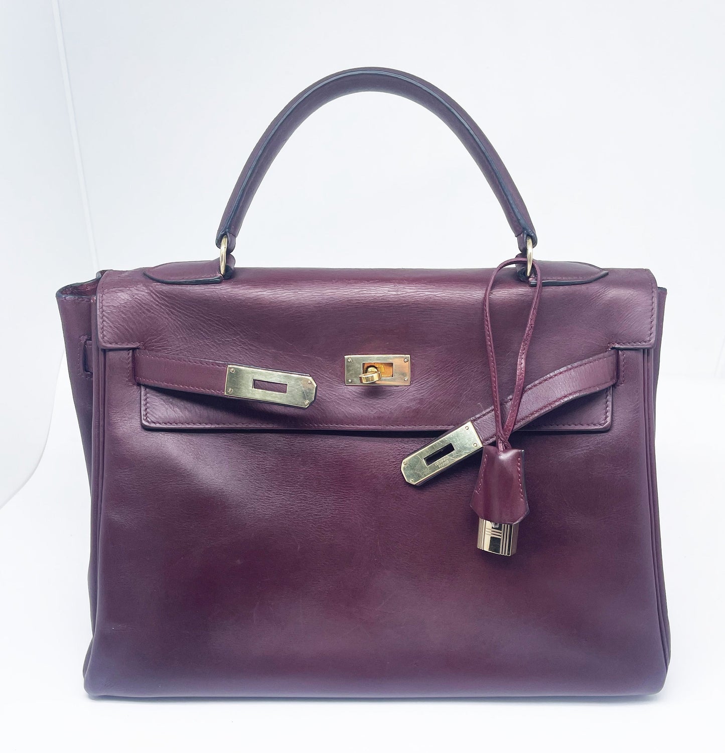 Sac Hermès Kelly retourné en cuir de box 32 cm Bordeaux - Soline