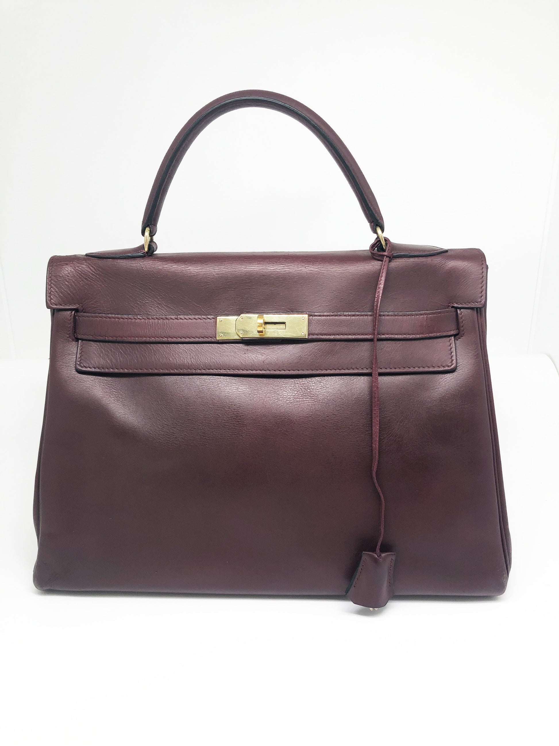 Sac Hermès Kelly retourné en cuir de box 32 cm Bordeaux - Soline