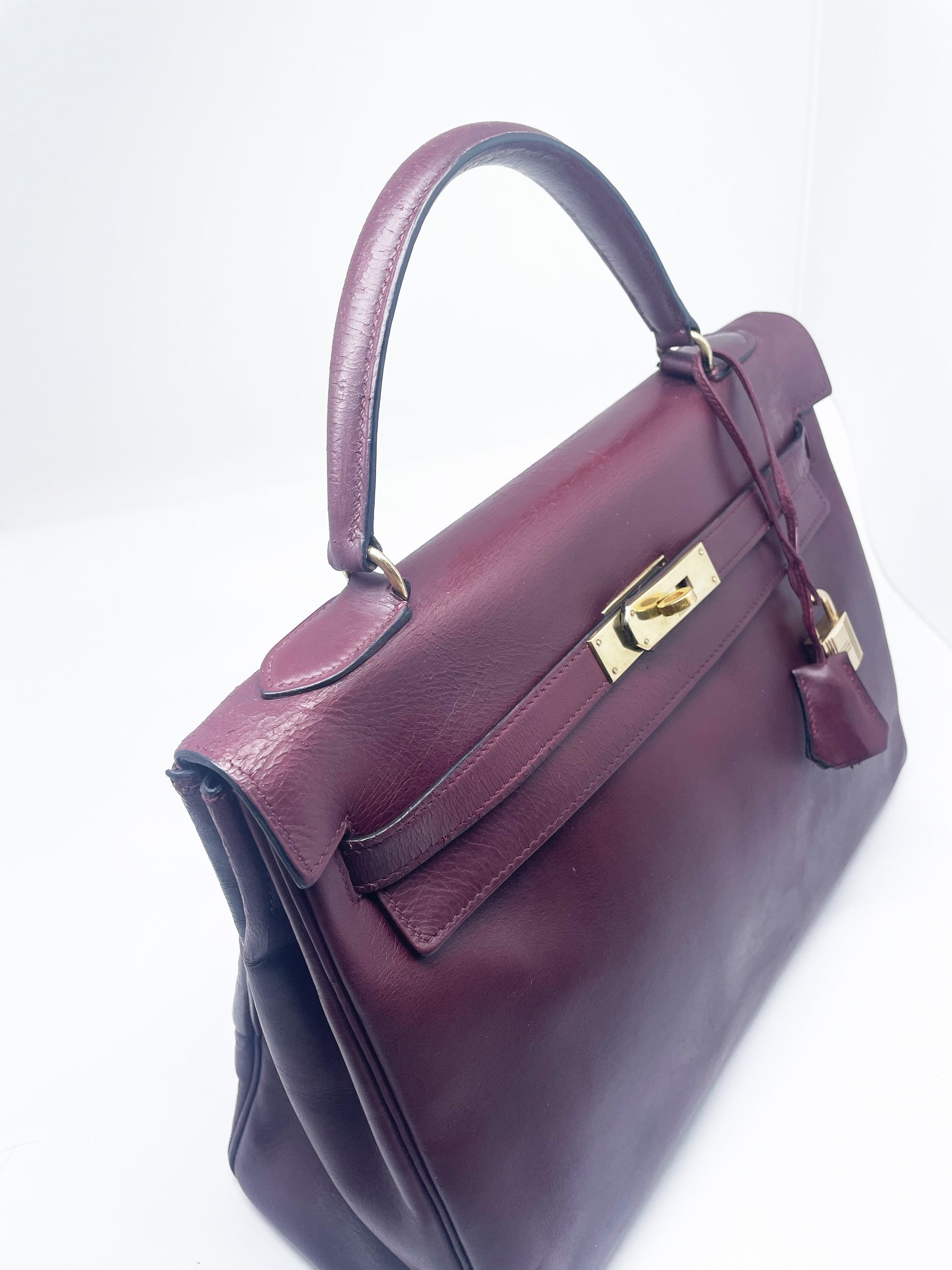 Sac Hermès Kelly retourné en cuir de box 32 cm Bordeaux - Soline