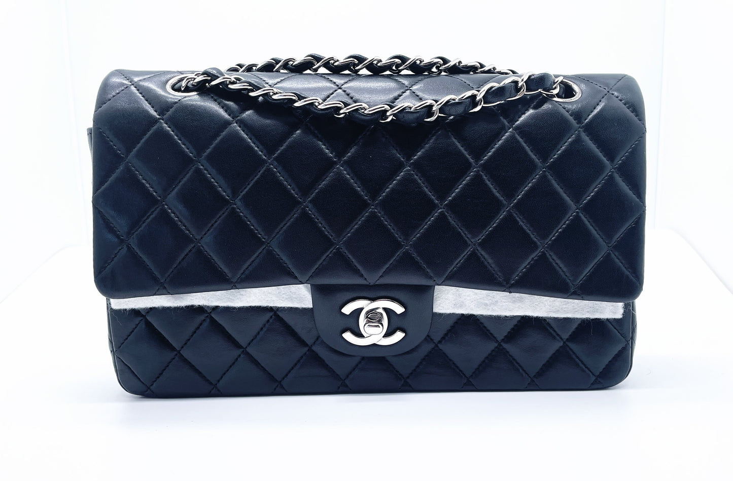 Sac Timeless médium 25 cm à double rabat en cuir d'agneau matelassé noir - Soline