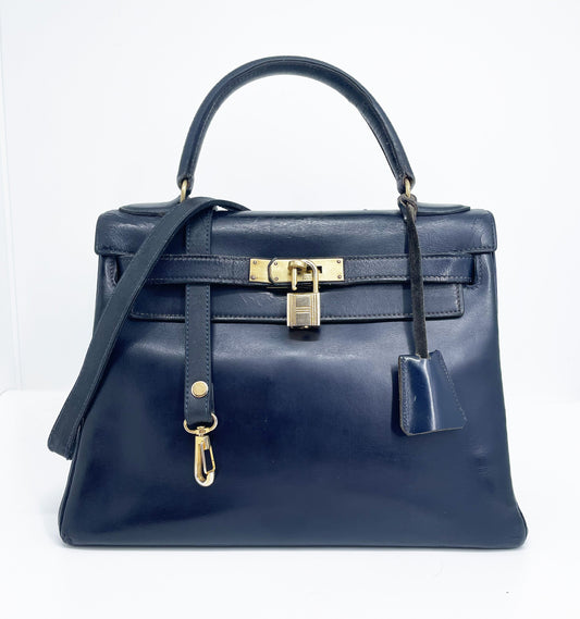Sac Vintage Hermès Kelly 28 bleu marine en cuir de box - Soline