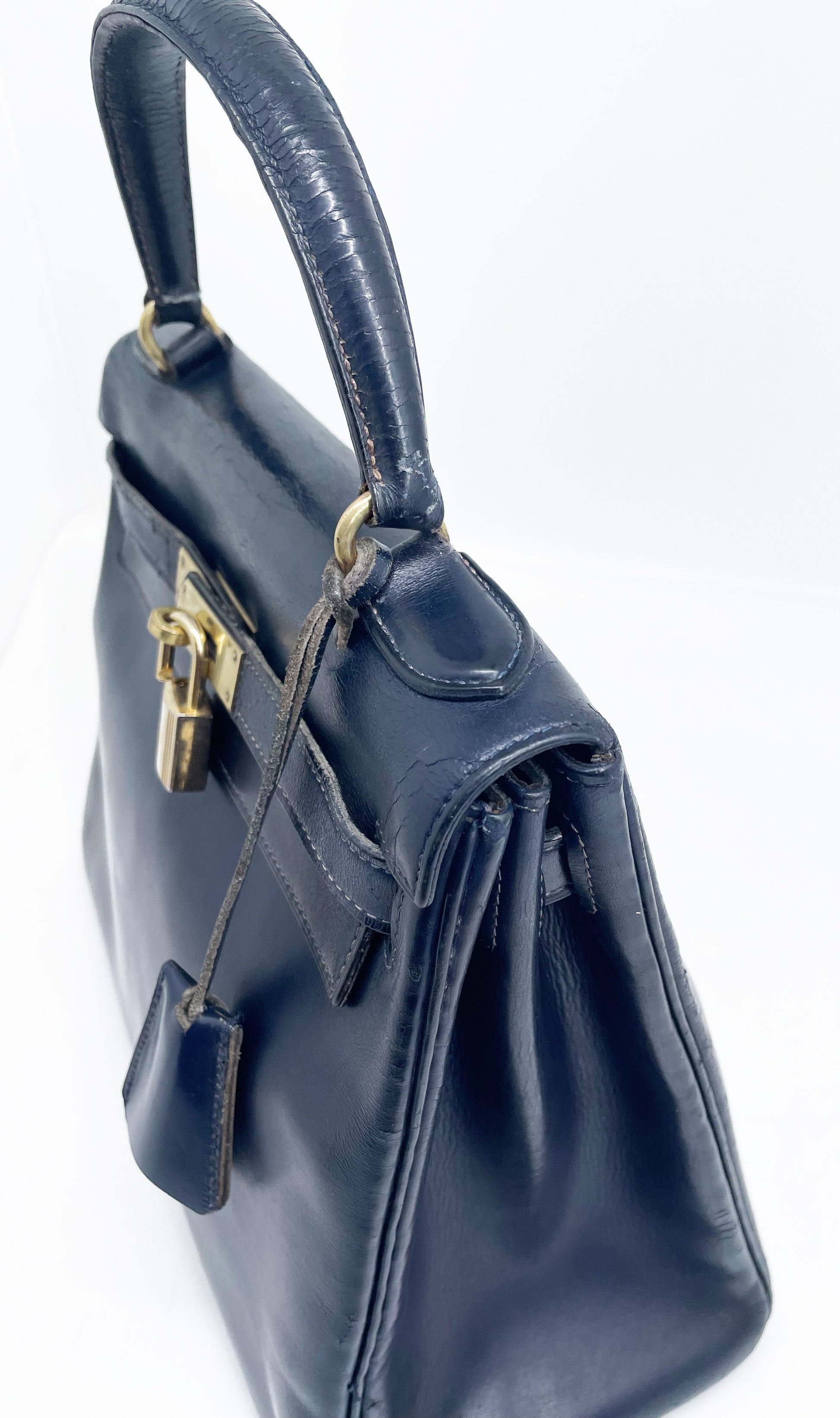 Sac Vintage Hermès Kelly 28 bleu marine en cuir de box - Soline