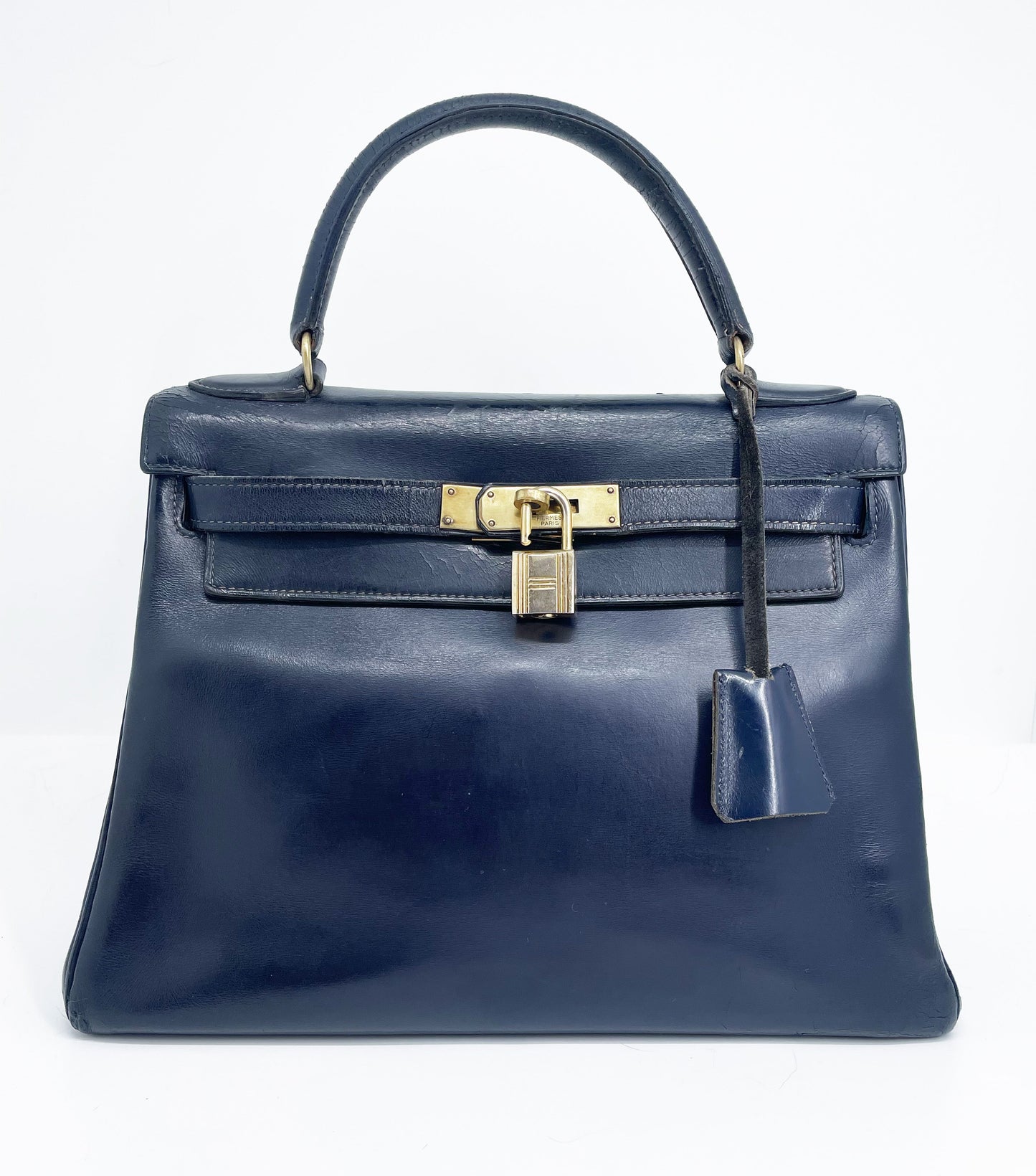Sac Vintage Hermès Kelly 28 bleu marine en cuir de box - Soline