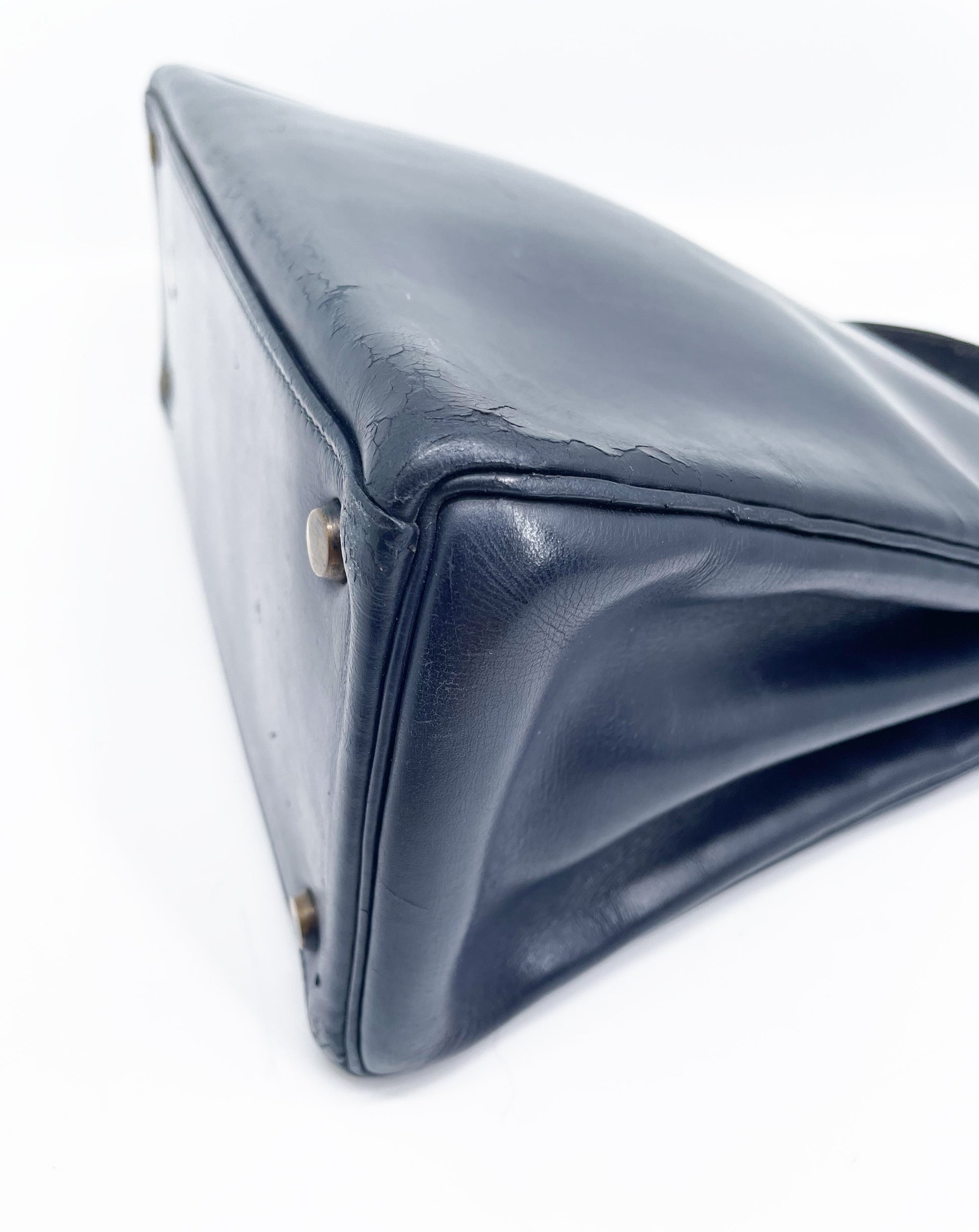 Sac Vintage Hermès Kelly 28 bleu marine en cuir de box - Soline